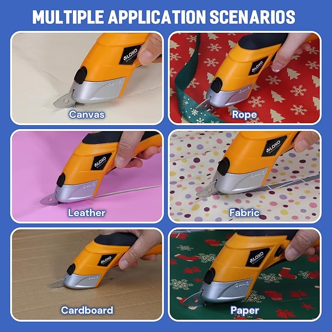 VLOXO Electric Scissors, Cordless Cardboard Cutter Power Fabric Scissors Mini Box Cutter with Blades Rechargeable Multi-Tool for Crafts Leather Cardboard Carpet Plastic Include Case Yellow