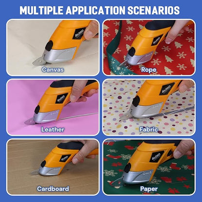 VLOXO Electric Scissors, Cordless Cardboard Cutter Power Fabric Scissors Mini Box Cutter with Blades Rechargeable Multi-Tool for Crafts Leather Cardboard Carpet Plastic Include Case Yellow