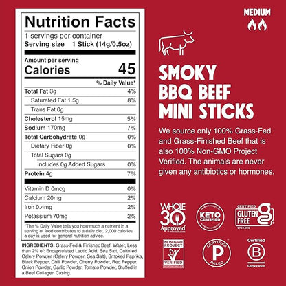 Chomps Snack Size Grass-Fed and Finished Smoky BBQ Beef Jerky Snack Sticks 0.5oz 24-Pack - Keto, Paleo, Whole30, 4g Lean Meat Protein, Gluten-Free, Zero Sugar Food, Non-GMO Chomplings