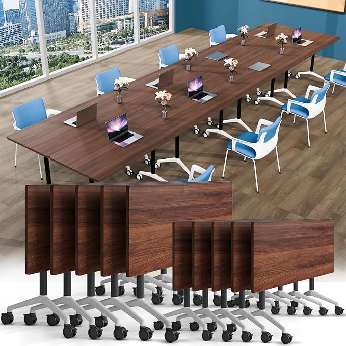 Conference Table, Foldable Conference Room Tables with Silent Wheels, Folding Modular Seminar Meeting Tables, Modern Rectangle Training Table for Office, Boardroom (10, Walnut2, 55.1)