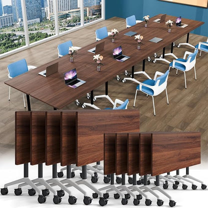 Conference Table, Foldable Conference Room Tables with Silent Wheels, Folding Modular Seminar Meeting Tables, Modern Rectangle Training Table for Office, Boardroom (10, Walnut2, 55.1)
