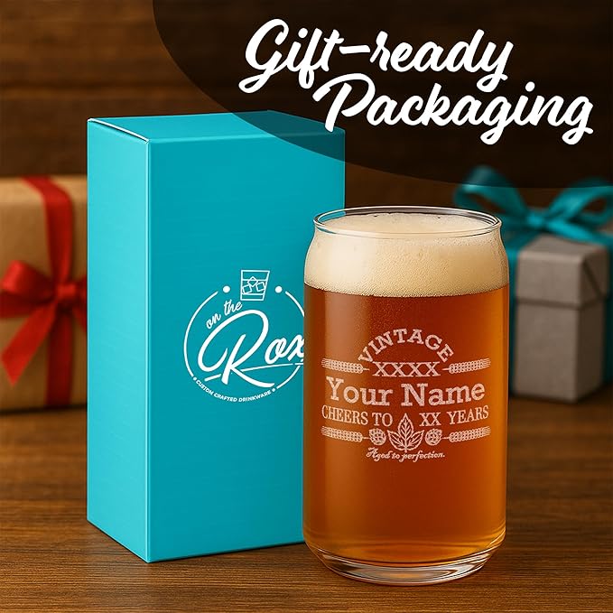 On The Rox Customized Beer Can Glass-Personalized-Birthday Beer Glass-Engraved-Vintage-Cheers-Aged To PERFECTION-Birthday Gift-Etched Beer Glass-Barware (1)