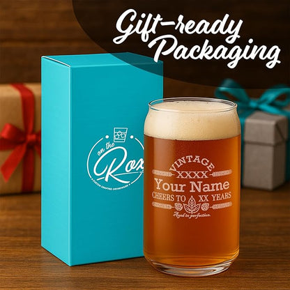On The Rox Customized Beer Can Glass-Personalized-Birthday Beer Glass-Engraved-Vintage-Cheers-Aged To PERFECTION-Birthday Gift-Etched Beer Glass-Barware (1)