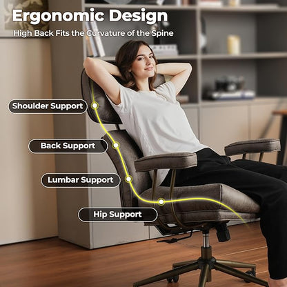 ovios Home Office Chair, Mid-Century Modern Faux PU Leather Chairs with Lumbar Support Comfy Thick Cushion, High Back Ergonomic Swivel Rolling Executive Armchair (Dark Grey, Suede Leather)