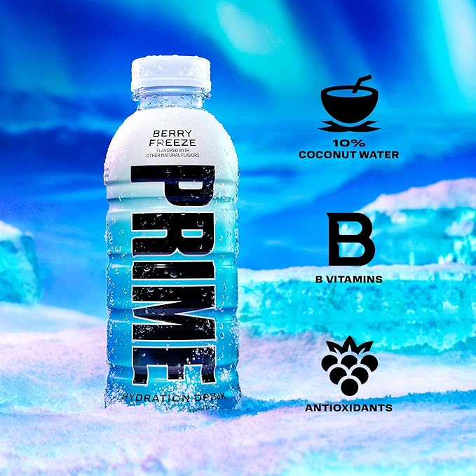 PRIME HYDRATION Duo - Blue Freeze & Cherry Freeze, Sports Drinks, Electrolyte Enhanced for Ultimate Hydration, 250mg BCAAs, B Vitamins, Antioxidants, Low Sugar, 12 Fl Oz (Pack of 24)