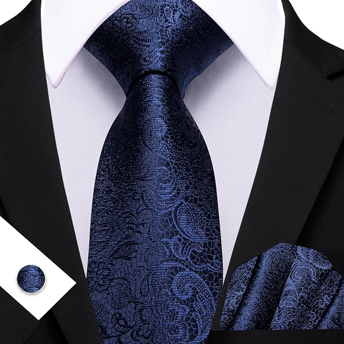 Barry.Wang Tie Sets for Men Silk Solid Necktie Stain Ties Handkerchief Pocket Square Cufflinks Wedding Business Dyed
