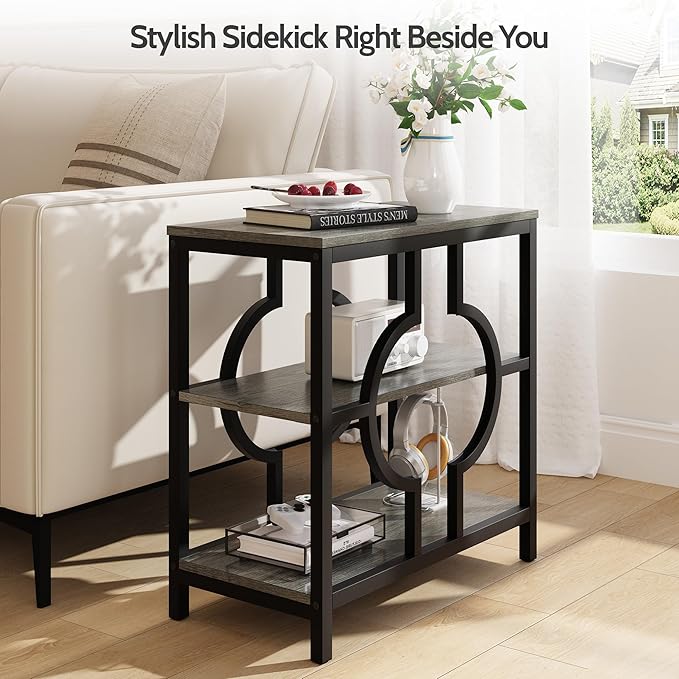 End Table, Narrow Side Table with 3-Tier Storage Shelves, Wood Sofa Side Table with Geometric Metal Frame for Living Room, Industrial Bedside Nightstand for Bedroom (1, Rustic Gray)