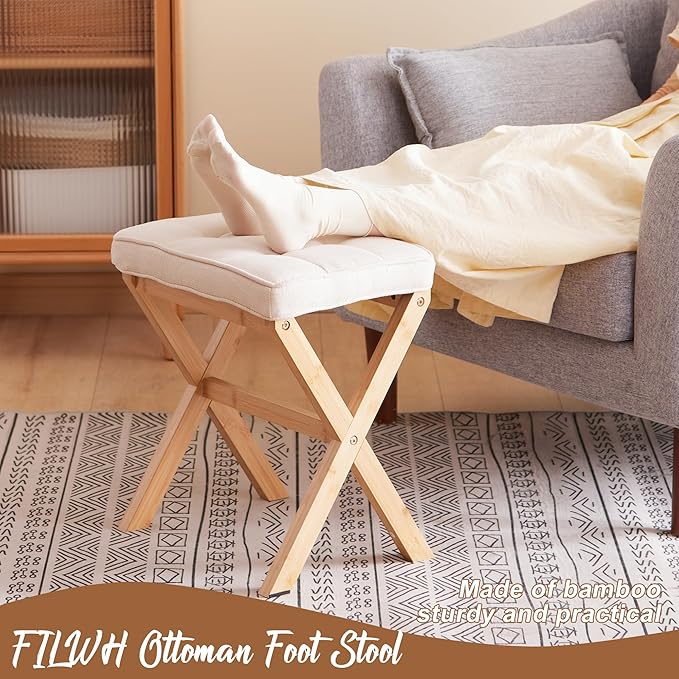 FILWH Foot Stool Small Ottoman Foot Rest Padded Foot Stool Desk Foot Stool for Under Office Desk Vanity Stool Bamboo Footstool Sofa Footrest Shoe Stool Small Foot Stools (Natural Legs + Beige)