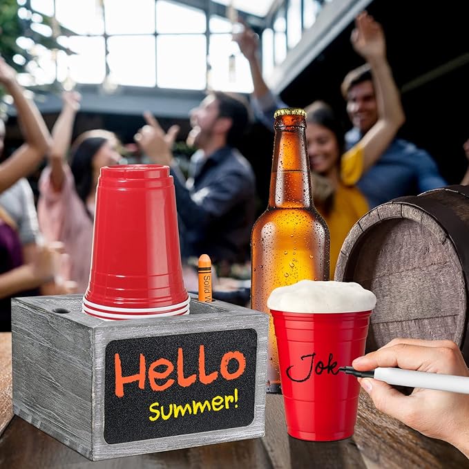 Wooden Cup Holder - Party Cup Holder with Marker Slot, with Chalkboard for Party and Wedding, Rustic Cup Holder for Countertop, Grey