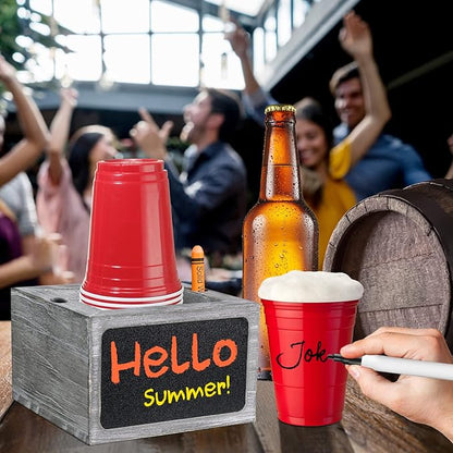 Wooden Cup Holder - Party Cup Holder with Marker Slot, with Chalkboard for Party and Wedding, Rustic Cup Holder for Countertop, Grey