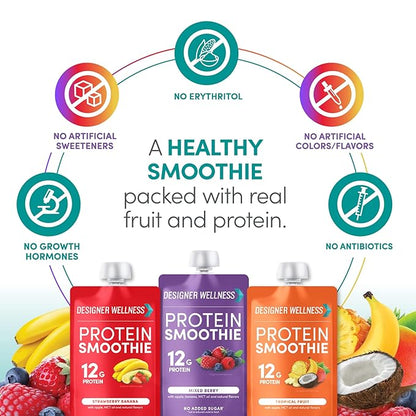 Designer Wellness Protein Smoothie, Real Fruit, 12g Protein, Low Carb, Zero Added Sugar, Gluten-Free, Non-GMO, No Artificial Colors or Flavors, Variety Pack, 12 Count
