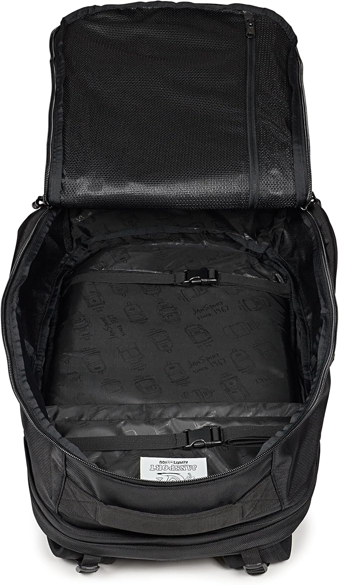 JanSport Venture Pack – Travel Pack With Large Main Compartment with Compression Straps, Dual Water Bottle Pockets, Padded Hip Belt & Luggage Trolley Pass-Through, Black