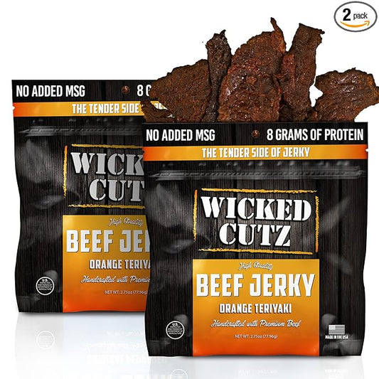Wicked Cutz Orange Teriyaki Beef Jerky, 24g Protein Per Bag, Tender & Easy to Chew Alternative to Teriyaki Beef Sticks, USA Made High Protein Carnivore Snacks (2 Bags)