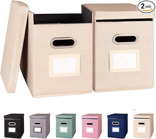 2 Pack Hanging File Folders Organizer with Lid, Letter Size Fabric File Storage Box Collapsible, Portable Office Document Holder with Metal Handle, Smooth PVC Rails, Beige