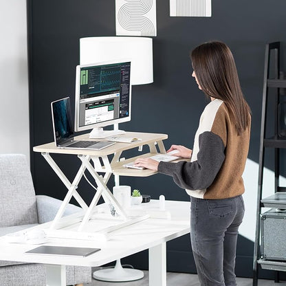 VIVO 32 inch Desk Converter, K Series, Height Adjustable Sit to Stand Riser, Dual Monitor and Laptop Workstation with Wide Keyboard Tray, Light Wood Top, White Frame, DESK-V000KF