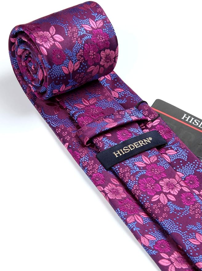 HISDERN Men Floral Ties Woven Classic 3.4" Necktie Set Formal Tie Pocket Square for Wedding with Handkerchief Gift Box