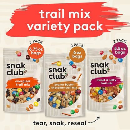 Snak Club Trail Mix Variety Pack, Protein Snacks, Includes Energizer Trail Mix, Sweet and Salty, and Peanut Butter Chocolate, 6 Pack