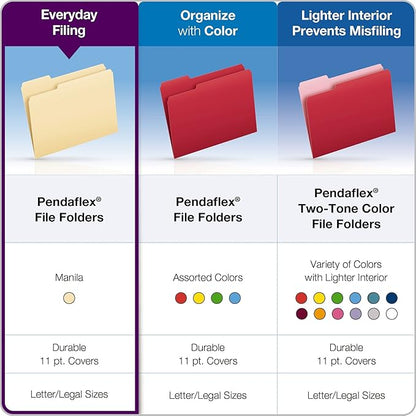 Pendaflex Manila Legal Size File Folders - 1/3-Cut Tabs in Left, Center, Right Positions for Easy Labeling - Manila Folders Ideal for Office, Home Office & Filing Cabinets, 100 Folder(Pack of 5)