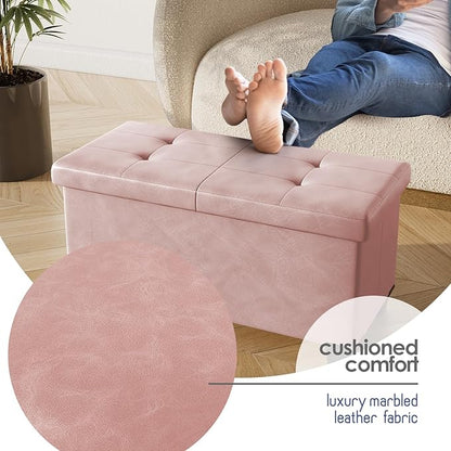 STORAGEBUD Storage Ottoman Bench with Bins, 30-in Storage Bench for Bedroom End of Bed, Folding Foot Rest Ottoman for Living Room Max 660lbs, Faux Leather Ottomans, Pink