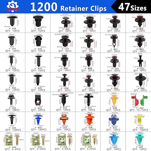 Car Push Retainer Clips Screw Assortment Kit 1351PCS-42 Most Popular Sizes Door Panel Trim Screw Clips Nylon Bumper Fender Rivets with Blue Fasteners for Ford GM Toyota Honda Chrysler