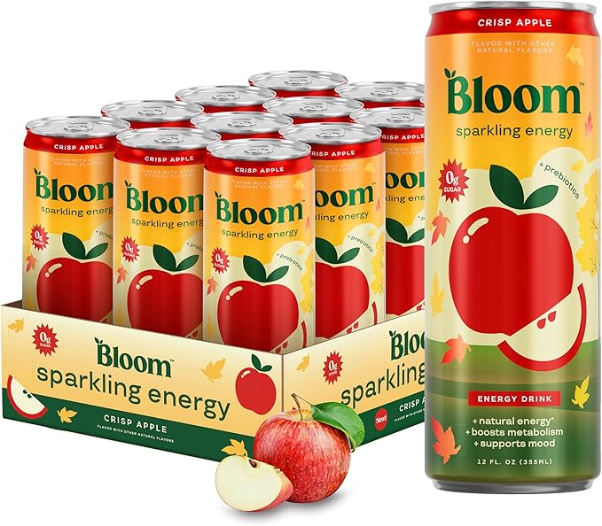 Bloom Nutrition Sparkling Energy Drink - Natural Caffeine, Zero Sugar, 180mg Caffeine - Antioxidant-Rich with Green Coffee Bean, Green Tea Extract, Prebiotics - Crisp Apple - 12oz 12 Pack