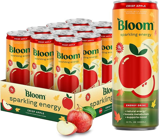 Bloom Nutrition Sparkling Energy Drink - Natural Caffeine, Zero Sugar, 180mg Caffeine - Antioxidant-Rich with Green Coffee Bean, Green Tea Extract, Prebiotics - Crisp Apple - 12oz 12 Pack