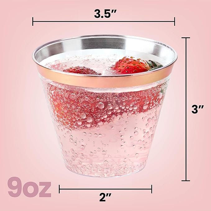 PLASTICPRO 9 oz Disposable Plastic Party Cups,Old fashioned Designed Tumblers, Crystal Clear (Clear With Rose Gold Rim, 200)