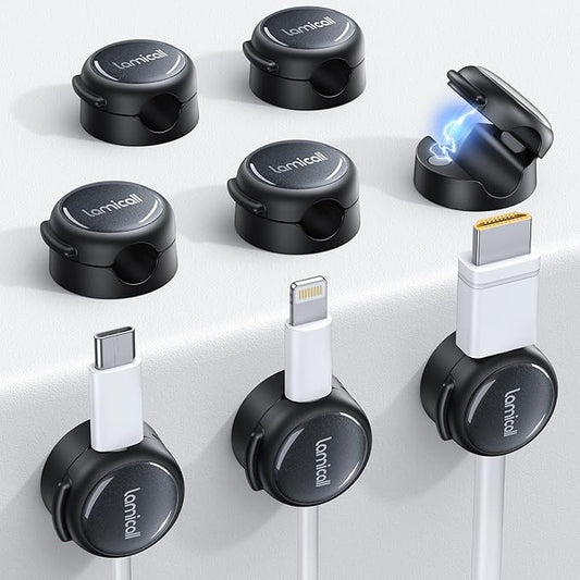 8Pack Magnetic Cord Organizer Cable Clips - Lamicall [Crystal-Clear] Desk Cable Managment for Phone Charging Cord, Adhesive Wire Holder for Home Office Desk Nightstand, Halloween Organizer Accessories