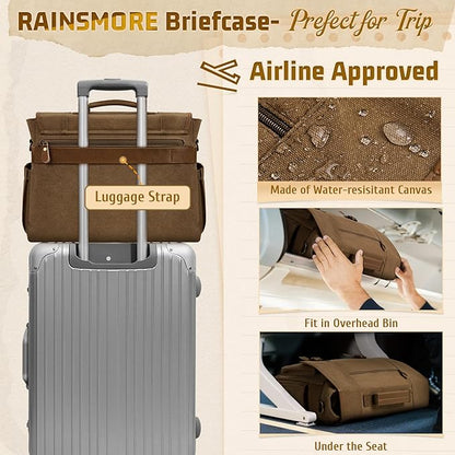 RAINSMORE Mens Messenger Bag 17-17.3 Inch Vintage Canvas Briefcase Water-resistant Large Computer Laptop Bag Rugged Satchel Shoulder Bag for Work Travel, Bookbag for College