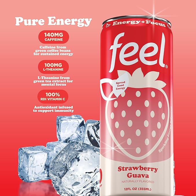 FEEL Zero Sugar Natural Energy Drink – Strawberry Guava, 140mg Plant-Based Caffeine with L-Theanine for Focus, Vitamin C for Immunity, Vegan, Non-GMO, No Artificial Sweeteners, 12 Fl Oz Cans (12-Pack)