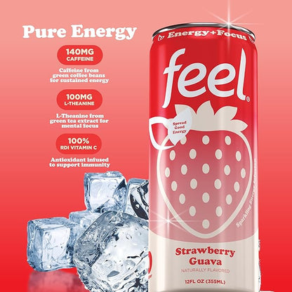 FEEL Zero Sugar Natural Energy Drink – Strawberry Guava, 140mg Plant-Based Caffeine with L-Theanine for Focus, Vitamin C for Immunity, Vegan, Non-GMO, No Artificial Sweeteners, 12 Fl Oz Cans (12-Pack)