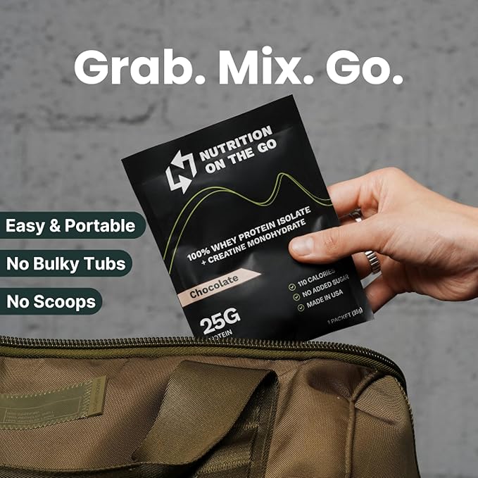 Nutrition On The Go Whey Protein Isolate Packets with Creatine – 25g Protein + 5g Creatine – Single-Serve Travel Protein Powder – Chocolate (15-Pack)