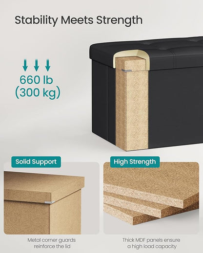 SONGMICS MAZIE Collection - 43 Inches Folding Storage Ottoman Bench, Ottoman with Storage, Foot Rest Stool, Load 660 lb, for Living Room, Synthetic Leather, Black ULSF701