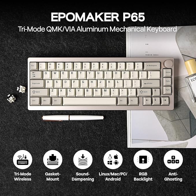 EPOMAKER P65 QMK/VIA Wireless Aluminum Gaming Keyboard, Gasket-Mount, Bluetooth/2.4Ghz/USB(A to C), Hot Swappable, N-Key Rollover, for Mac/PC/PS/Xbox (Khaki, Wisteria Linear Switch)