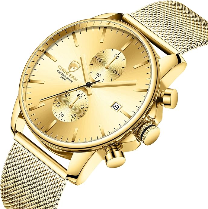 GOLDEN HOUR Mens Watch Fashion Sleek Minimalist Quartz Analog Mesh Stainless Steel Waterproof Chronograph Watches for Men with Auto Date