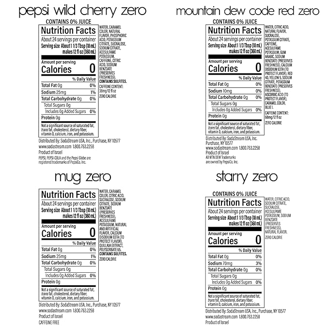 SodaStream Pepsi Wild Cherry, MTN Dew Code Red, Starry & Mug Root Variety Pack, Zero Sugar, 440ml Pack of 4