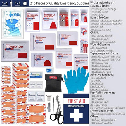 First Aid Kits - Compact First Aid Kit with Labelled Compartments Molle System Premium Emergency Kits for Home, Office, Car, Outdoor, Hiking, Travel, Camping - 216 Piece