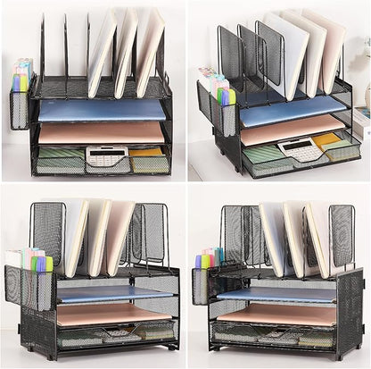 Desk Organizers and Accessories, 3-Tier Paper Organizer with 5 Vertical File Holders, File Organizer for Desk (Black With Drawer, 3T With Drawer)