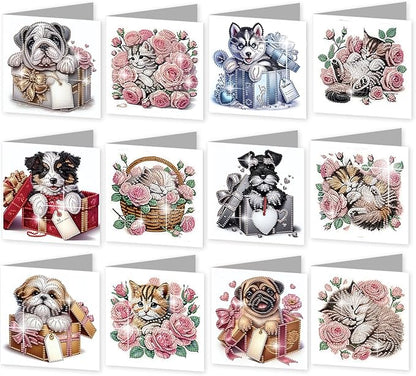 jinglinhh 12pcs Valentine's Day Diamond Art Painting Rose Cat Dog Gift Box Puppy Greeting Cards with Envelopes, DIY Card Making Kits for Adults, Diamond Art Birthday Holiday Cards Craft Gifts