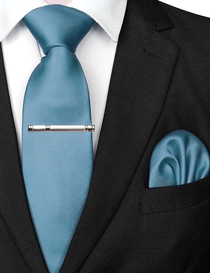 JEMYGINS Solid Color Formal Necktie and Pocket Square Tie Clip Sets for Men