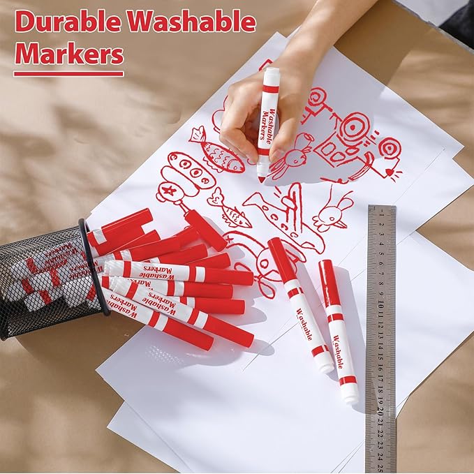 Janlaugh 36 Pcs Red Washable Markers Bulk Coloring Broad Line Markers for Kids Red Conical Tip drawing pen for School Supplies, travel Art baby shower gender reveal party Supplies, Ages 6+