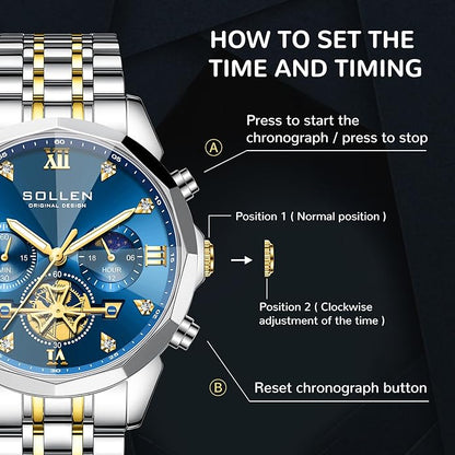 SOLLEN Mens Luxury Watches, Analog Quartz Chronograph Watches for Men, Stainless Steel Watch with Moon Phase, 30M Waterproof Wrist Watch for Men,Business Dress Classic Elegant Work Watch Gifts for Man