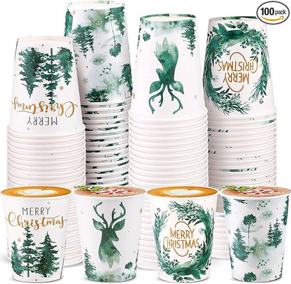 Funtery 100 Pieces Christmas Paper Disposable Cups Forest Landscape Design 9 Ounce Drinking Tea Christmas Paper Coffee Cups for Xmas Daily Use Holiday Party