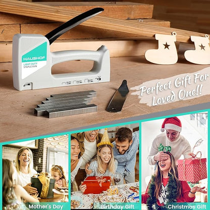 HAUSHOF Light Duty Staple Gun, Upholstery Staple Gun with 800PCS JT21 Staples and Stapler Remover, Fits JT21 Staple of 1/4'', 5/16'' & 3/8'', Used for Wood, Classroom, Crafts, DIY, Decoration (White)