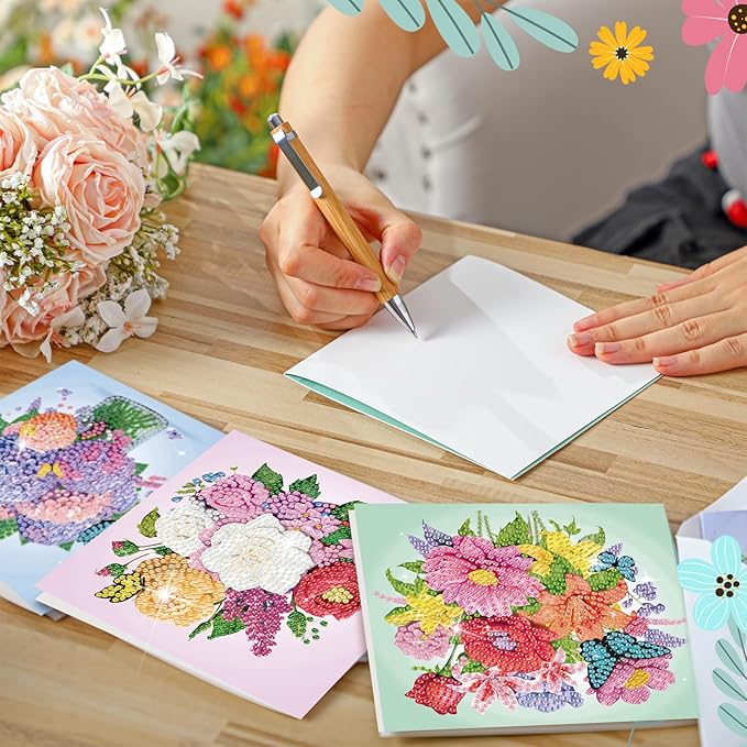 Saillong 12 Pack Flower Diamond Painting Greeting Card Kits DIY Pastel Flower Diamond Art Cards with Envelopes Floral 5d Rhinestones Paint Card for Adults DIY Craft Family Friend Birthday Xmas Gifts