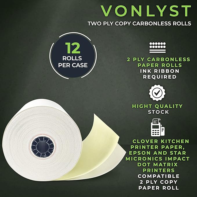 Two Ply Copy Carbonless Rolls 3x95 White/Canary for Clover Kitchen Printer Paper (12 rolls)