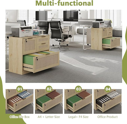 HOPUBUY Lockable 4 Drawers File Cabinet, Lateral Filing Cabinet with Printer Stand for Home Office and School, Wood Rattan File Cabinet for Hanging Files/Letter/Legal/A4/F4 Size, Oak Color (Oak)