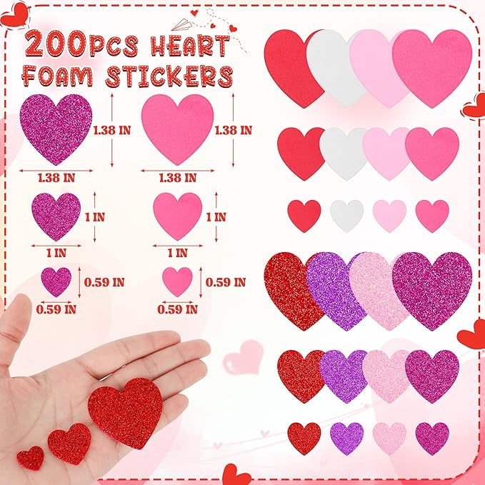 200 PCS Valentines Stickers, Self-Adhesive Foam Heart Stickers Valentines Decor, 3 Sizes Glitter Foam Hearts Valentine's Crafts, Valentine Stickers for Envelopes Invitations Card Making