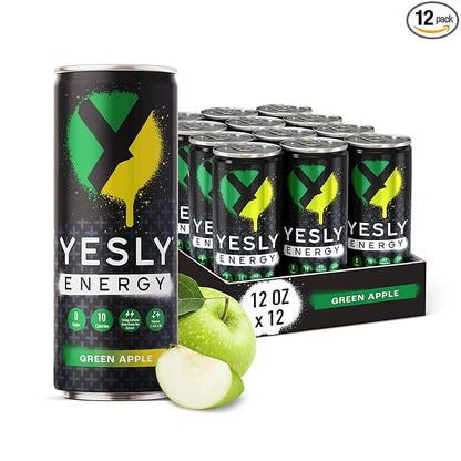 Yesly Energy - All Natural Clean Energy Drink - Zero Sugar Functional Energy Infused with Vitamins and Electrolytes - Green Apple, 12 Fl Oz (Pack of 12)