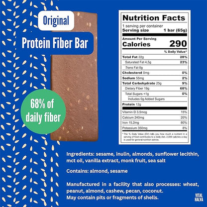 Vital Halva Vegan Protein Fiber Bar, Original Sesame, Gluten Free, Dairy Free, Soy Free, Low Sugar, No Added Sugar, 12G Protein, 19G Fiber, 6G Net Carbs, Snack Bar, 10ct